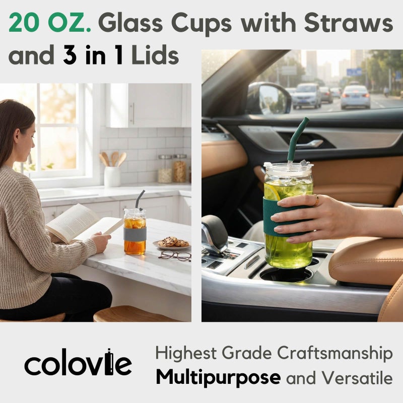 ColoVie 20oz Mixed Drinking Glasses with 6 Colors, Thicken Reusable Glass Tumblers with Lids and Straws, Removable Silicone Sleeve for Hot or Iced Drinking, Unique Colorful Glass Cups - Image 2
