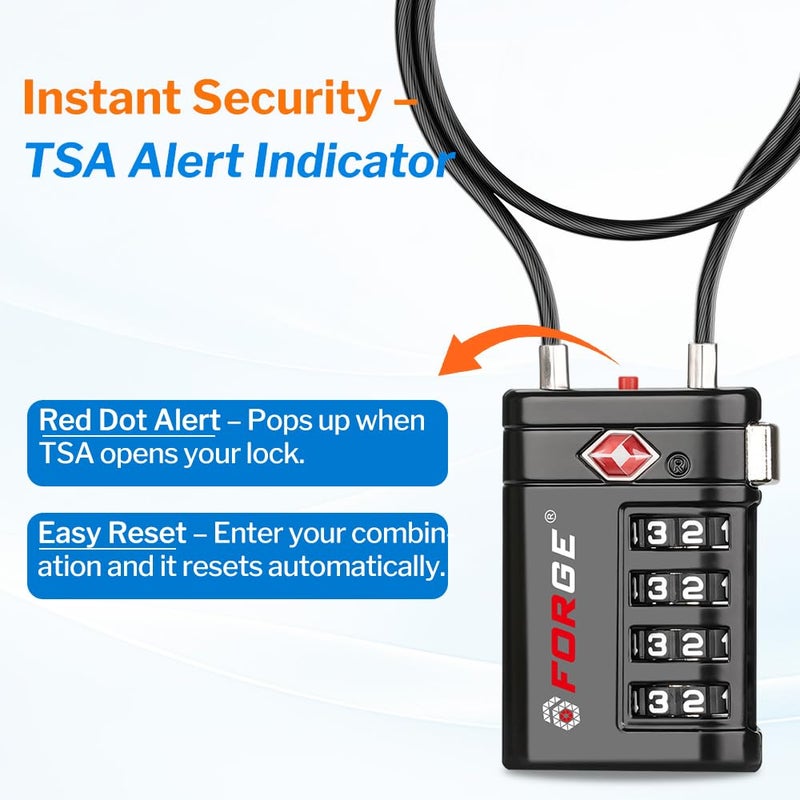 أقفال أمتعة Forge معتمدة من TSA – أقفال سفر TSA برمز مكوّن من 4 أرقام مع TSA008، ومؤشر تنبيه عند الفتح، وهيكل من سبيكة الزنك للأمتعة وحقيبة السفر وحقيبة الظهر وغير ذلك، أسود 2 PK، أقفال كابل - Image 4