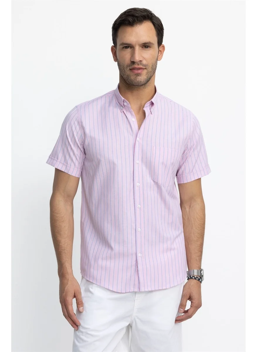 Tudors Classic Fit Short Sleeve Striped Cotton Pink Shirt
