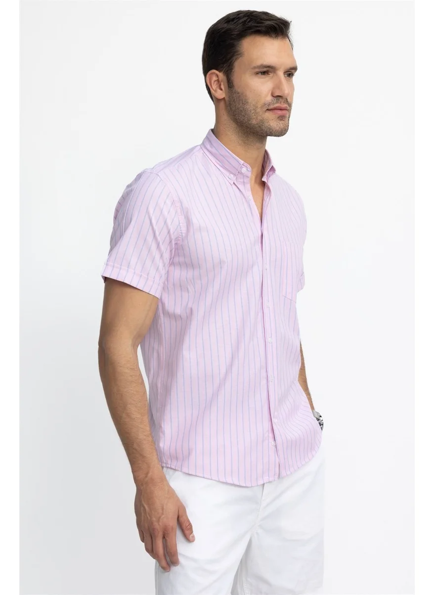 Tudors Classic Fit Short Sleeve Striped Cotton Pink Shirt