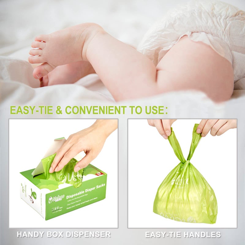 USBOO Baby Disposable Diaper Bags,300 Count OXO-Biodegradable Diaper Sacks,Easy-Tie Handles,Diaper Disposal or Pet Waste Bags, Unscented - Image 4