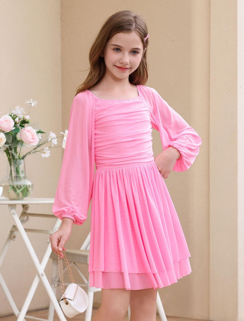 IBAKOM Teen Girl Puff Long Sleeve Square Neck Prom Dress Junior Homecoming Formal Wedding Sneaker Ball Outfits Tween Early Fall Fancy HOCO Graduation Pageant Birthday Dress Pink 15-16 Years - Image 5