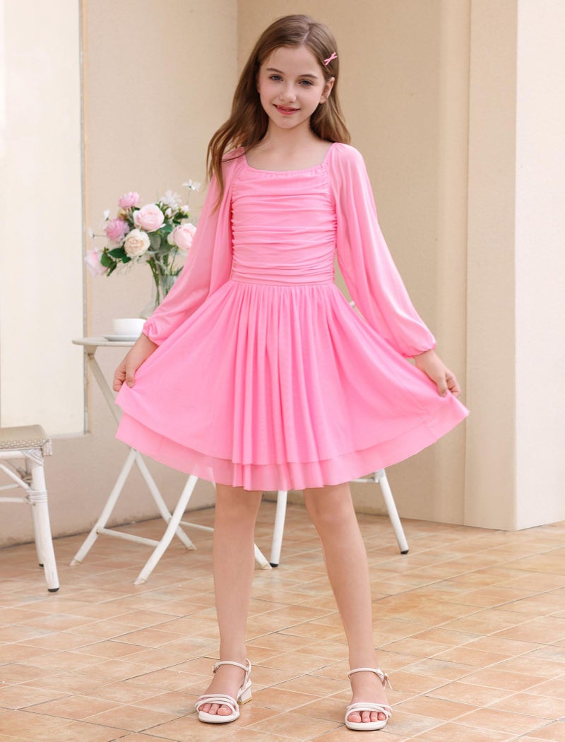 IBAKOM Teen Girl Puff Long Sleeve Square Neck Prom Dress Junior Homecoming Formal Wedding Sneaker Ball Outfits Tween Early Fall Fancy HOCO Graduation Pageant Birthday Dress Pink 15-16 Years - Image 3