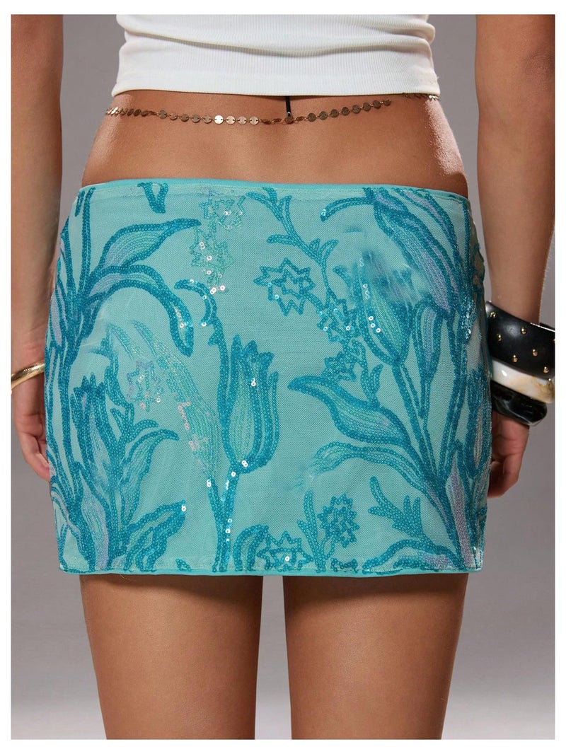 MakeMeChic Women's Floral Sequin Sparkly Mini Skirt Low Waist Bodycon Party Short Skirts Blue Medium - Image 3