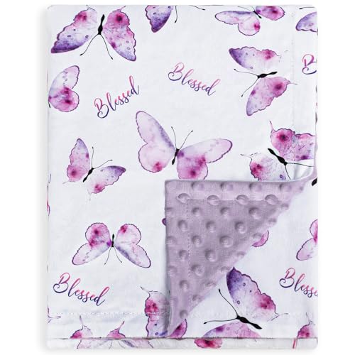 BORITAR Baby Blanket for Girls Soft Plush Minky Fabric, Double Layer Dotted Backing with Elegant Purple Butterfly Printed Blessed Blanket Gift for Toddler Newborn Infant 30 x 40 Inch(75x100cm) - Image 1