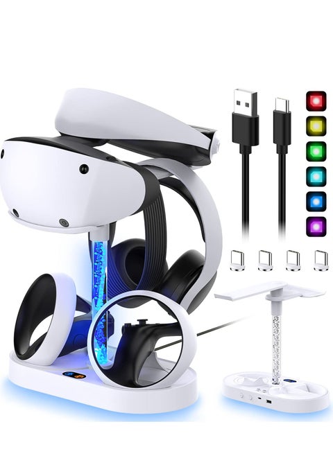 قاعدة شحن لجهاز PSVR2 مع 9 مصابيح RGB، ووحدة تحكم بلاي ستيشن VR2، وحامل سماعة الرأس