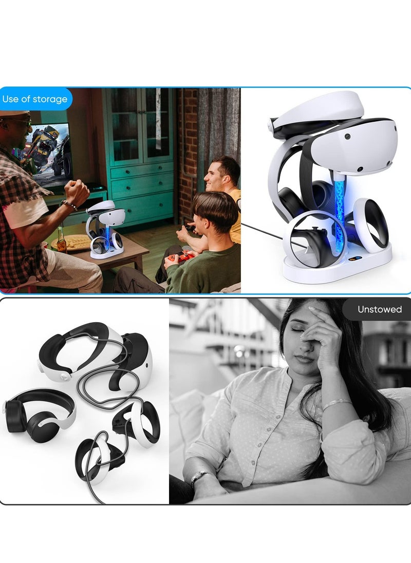 قاعدة شحن لجهاز PSVR2 مع 9 مصابيح RGB، ووحدة تحكم بلاي ستيشن VR2، وحامل سماعة الرأس