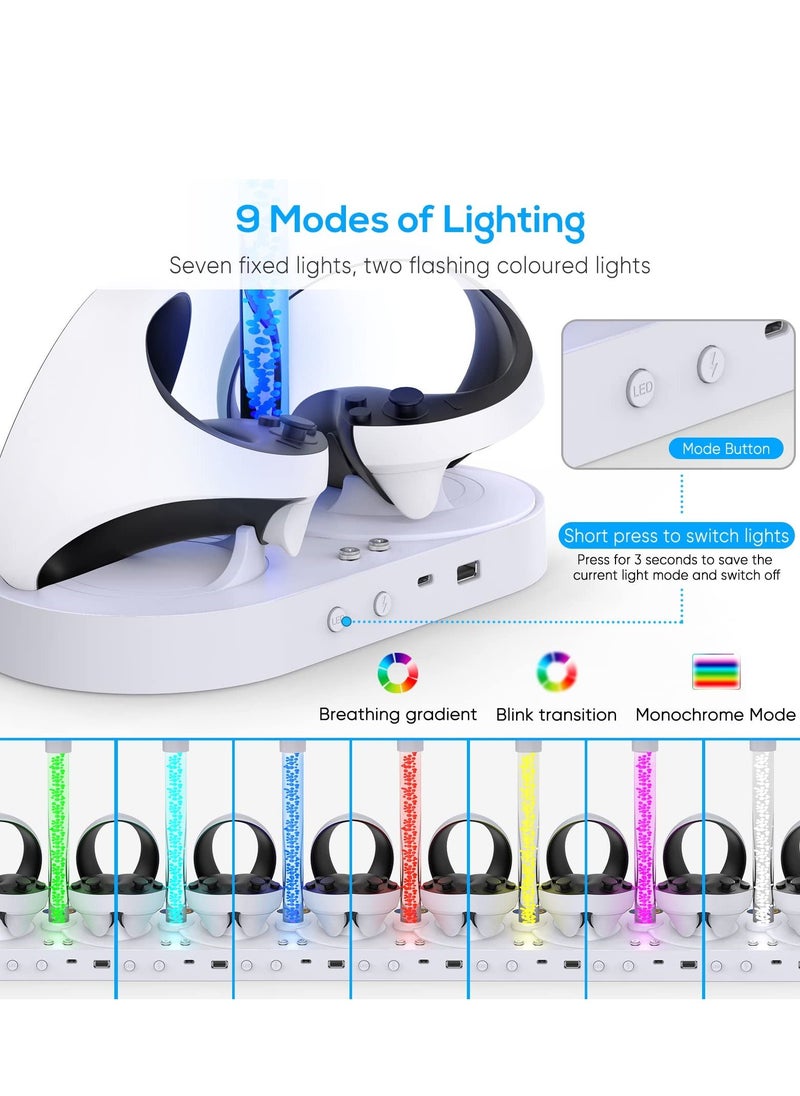 قاعدة شحن لجهاز PSVR2 مع 9 مصابيح RGB، ووحدة تحكم بلاي ستيشن VR2، وحامل سماعة الرأس