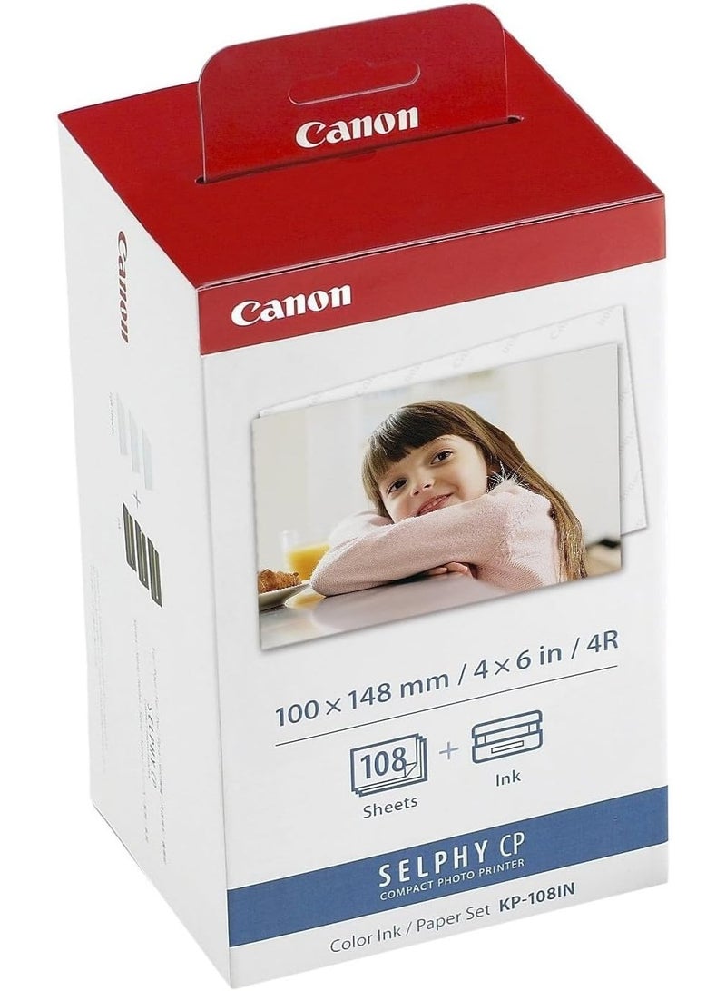 طقم حبر وورق صور كانون KP-108IN لطابعات سيلفي – مقاس 4×6 إنش، 108 ورقة (3 خراطيش حبر ملونة + حزمة ورق صور) | طقم طباعة أصلي من كانون
