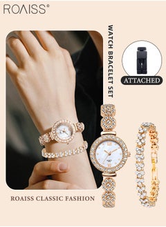 roaiss 2PCS Women's Alloy Strap Bracelet Watch Set Analog Display Round Dial Quartz Watch with Heart Bracelet Decorated with Rhinestones Elegant Watch Set as Gift for Ladies Rose Gold  - Image 1