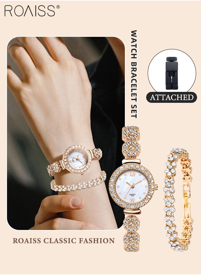 roaiss 2PCS Women's Alloy Strap Bracelet Watch Set Analog Display Round Dial Quartz Watch with Heart Bracelet Decorated with Rhinestones Elegant Watch Set as Gift for Ladies Rose Gold  - Image 1