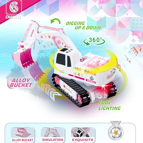 Hylukon Pink RC Excavator 6 Channel 24Ghz RC Construction Vehicle Toy 124Scale 360 Rotation Excavator Toy with Light Music DIY Stickers Birthday Gift for Teen - Image 5