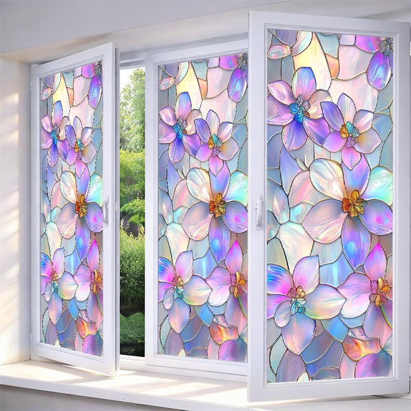 IVN Privacy Window Film,Stained Glass Window Cling Green Leaf Design Static Cling Glass Sticker for Kitchen Cabinet Door 17.7 x 39.3 Inch - Image 1