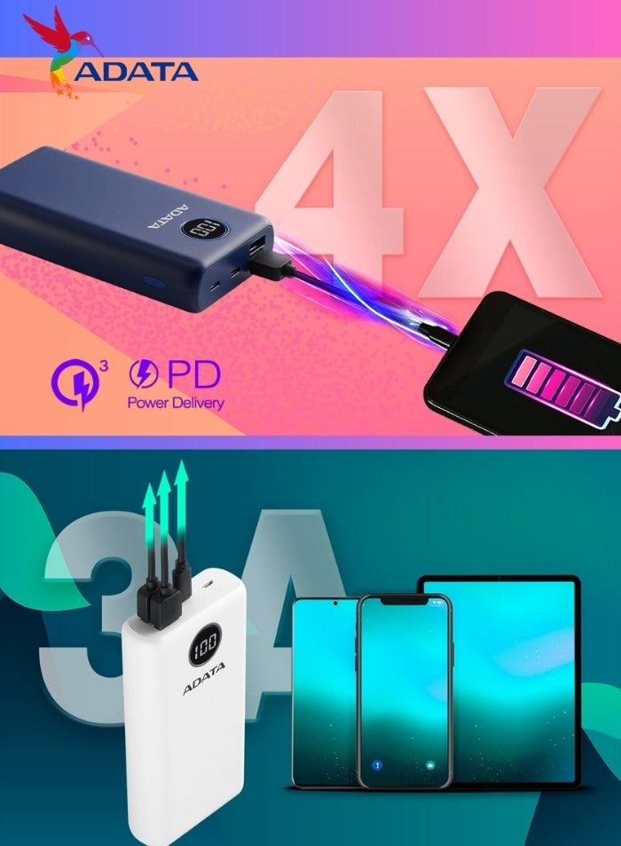 Power Bank P20000QCD | 20,000 mAh | Fast Charging Qualcomm QC 3.0 USB Type-C and Type-A | Compatible with iPhone, Samsung, iPad, and More 18 watt | Blue