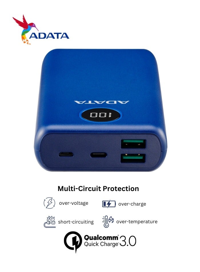 Power Bank P20000QCD | 20,000 mAh | Fast Charging Qualcomm QC 3.0 USB Type-C and Type-A | Compatible with iPhone, Samsung, iPad, and More 18 watt | Blue