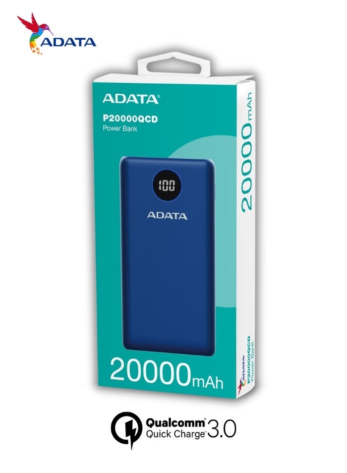 Power Bank P20000QCD | 20,000 mAh | Fast Charging Qualcomm QC 3.0 USB Type-C and Type-A | Compatible with iPhone, Samsung, iPad, and More 18 watt | Blue