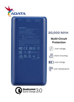 ADATA Power Bank P20000QCD | 20,000 mAh | Fast Charging Qualcomm QC 3.0 USB Type-C and Type-A | Compatible with iPhone, Samsung, iPad, and More 18 watt | Blue  - Image 3