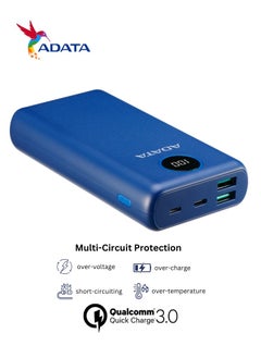ADATA Power Bank P20000QCD | 20,000 mAh | Fast Charging Qualcomm QC 3.0 USB Type-C and Type-A | Compatible with iPhone, Samsung, iPad, and More 18 watt | Blue  - Image 5