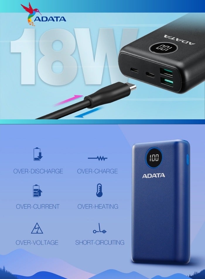 Power Bank P20000QCD | 20,000 mAh | Fast Charging Qualcomm QC 3.0 USB Type-C and Type-A | Compatible with iPhone, Samsung, iPad, and More 18 watt | Blue