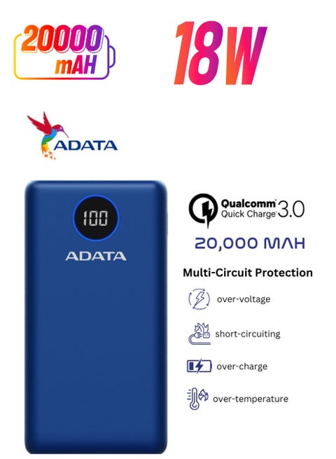 Power Bank P20000QCD | 20,000 mAh | Fast Charging Qualcomm QC 3.0 USB Type-C and Type-A | Compatible with iPhone, Samsung, iPad, and More 18 watt | Blue