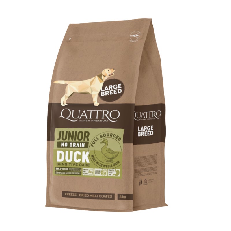 Quattro Super Premium Puppy Food for Large Breeds (2-21 Months) - Duck, 3 kg - Image 1