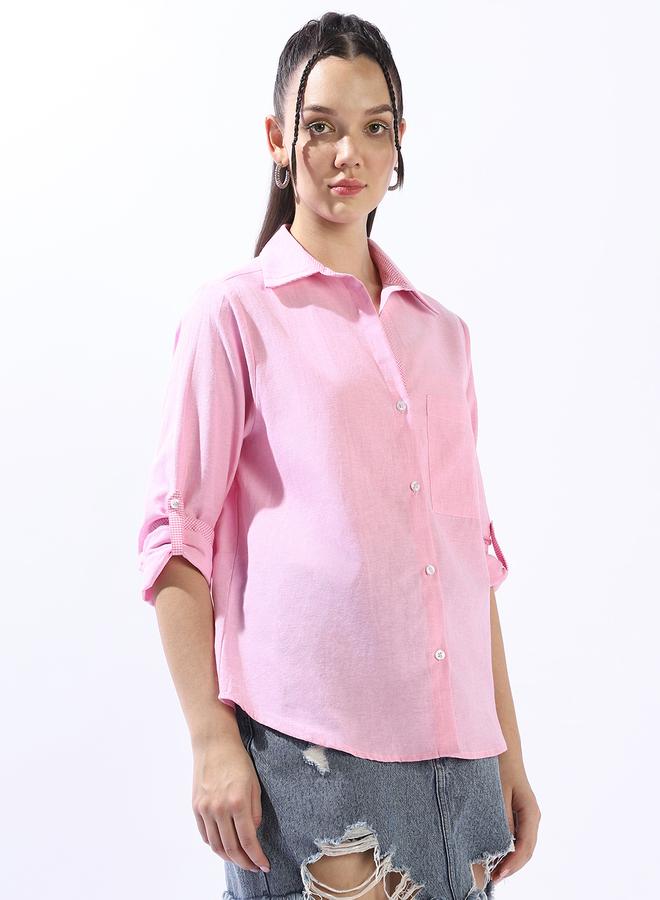 هاي ستار قميص نسائي وردي قطن % بأزرار مقاس كبير بتصميم كتل لونية - Image 1