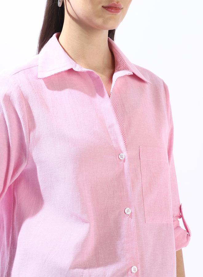 هاي ستار قميص نسائي وردي قطن % بأزرار مقاس كبير بتصميم كتل لونية - Image 5