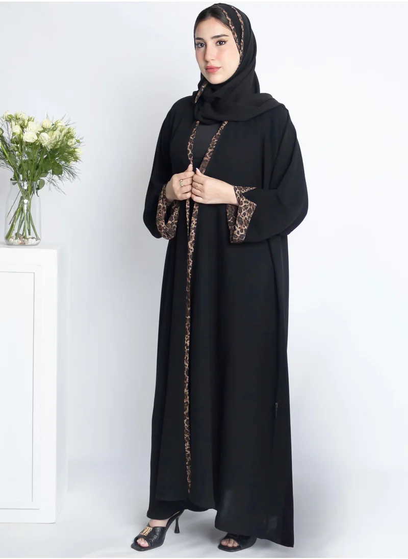 HAWRAA ABAYA Black wrap abaya with tiger fabric overlay on both sides of the abaya and double sleeves