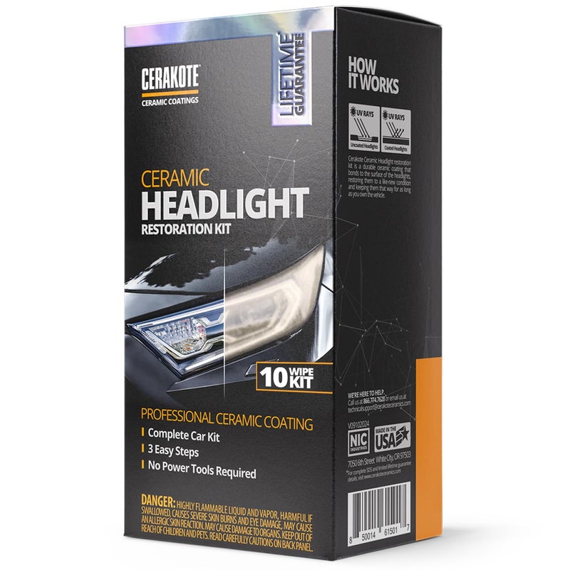 CERAKOTE CERAKOTE® Ceramic Headlight Restoration Kit – Guaranteed To Last As Long As You Own Your Vehicle – Brings Headlights Back to Like New Condition - No Power Tools Required - 10 Wipe Kit  - Image 1