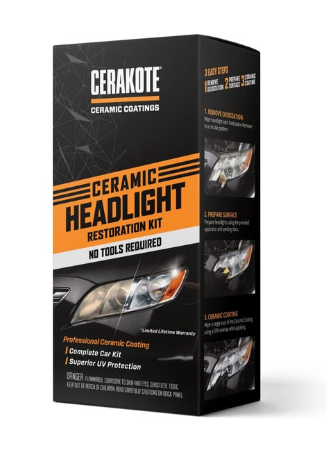 طقم ترميم المصابيح الأمامية الخزفي CERAKOTE® – مضمون أن يدوم طوال فترة امتلاكك لسيارتك – يعيد المصابيح الأمامية إلى حالتها الجديدة – 3 خطوات سهلة – لا يتطلب أدوات كهربائية