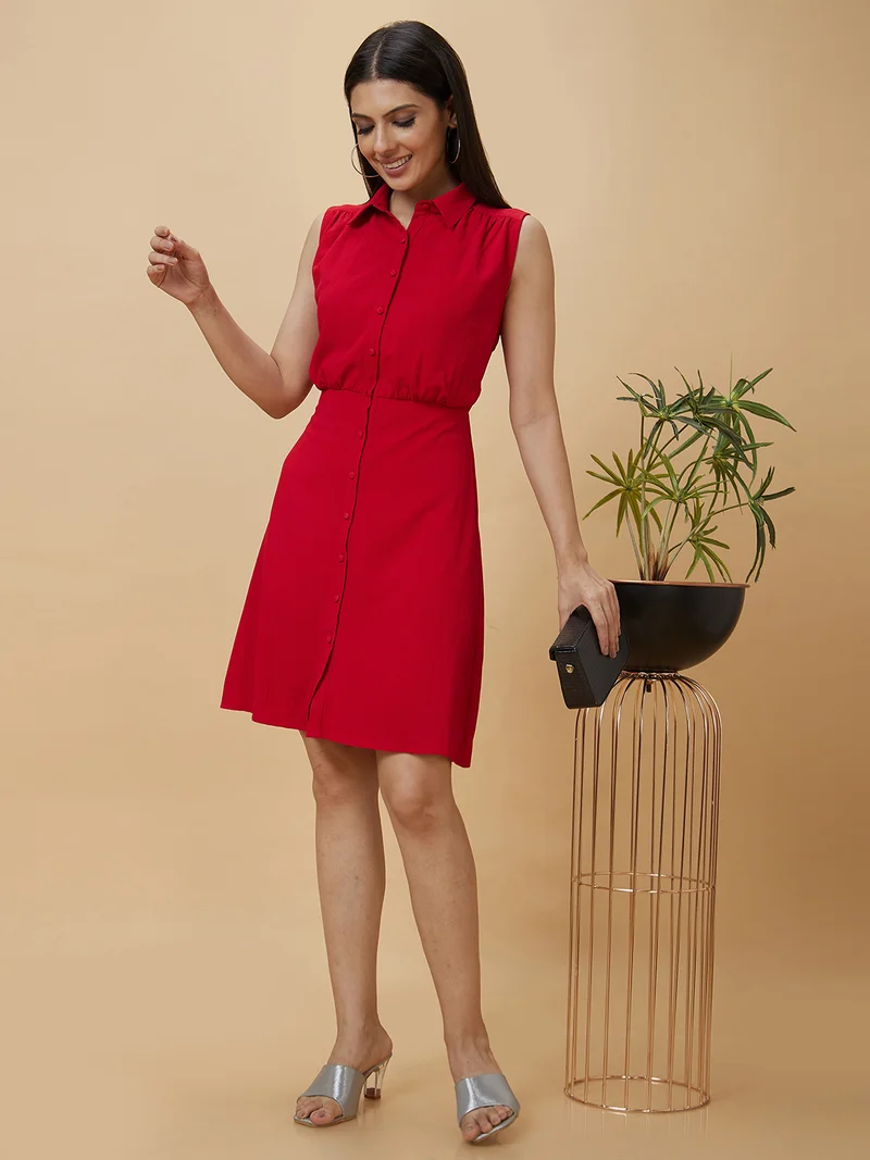 globus Women Shirt Collar Smocked Fit & Flare Dress