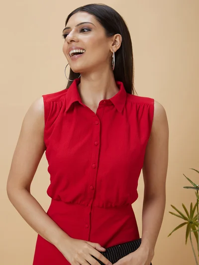 globus Women Shirt Collar Smocked Fit & Flare Dress
