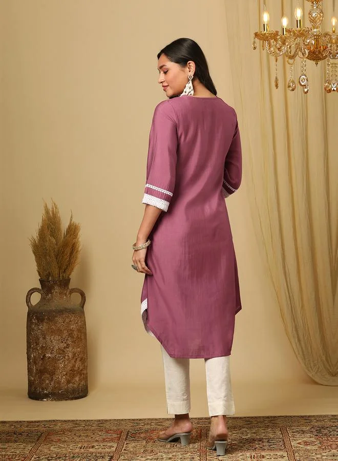 globus Globus Purple Embroidered Lace Detail Fusion Kurta