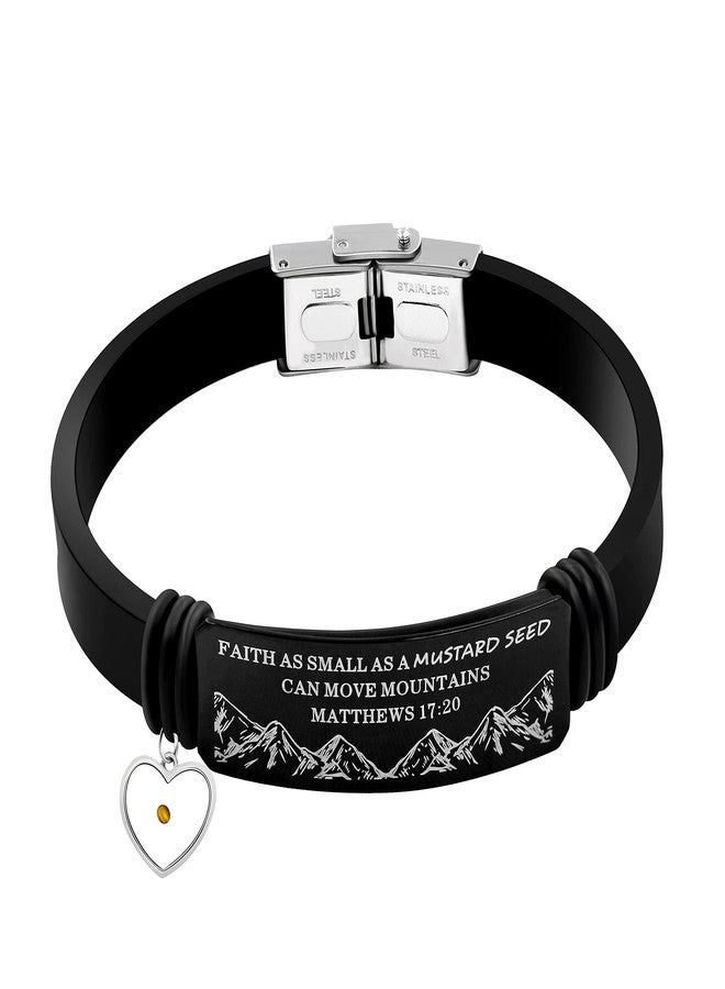 Uloveido Silicone Gel Faith Wristbands Black Stainless Steel Cuff Bangle Engraved Faith Small AS A Mustard Seed Can Move Mountains Matthews 17:20 - Image 1