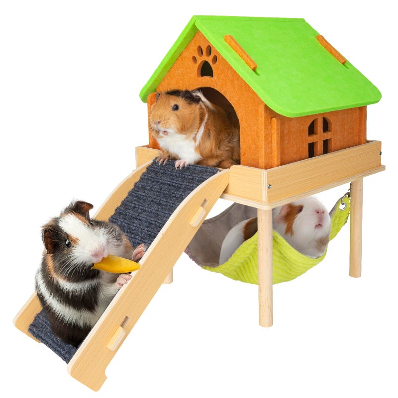 BESNEW 3 in 1 Enlarged Guinea Pig Hammock with House & Platform,Wooden Guinea Pig Hideout with Hammock & Stairs Guinea Pig Toys for Small Animals Hiding Sleeping Activities - Image 1
