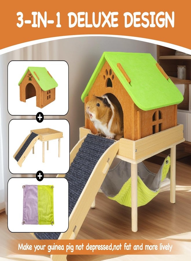 BESNEW 3 in 1 Enlarged Guinea Pig Hammock with House & Platform,Wooden Guinea Pig Hideout with Hammock & Stairs Guinea Pig Toys for Small Animals Hiding Sleeping Activities - Image 2