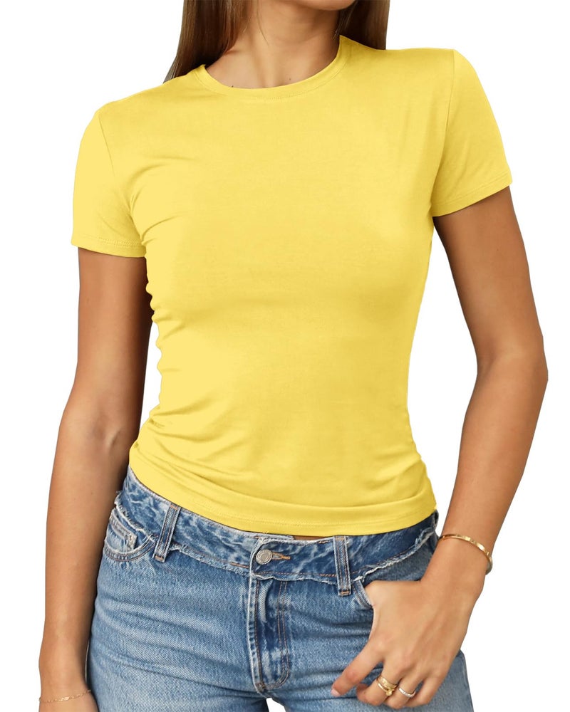 Abardsion Women's Casual Basic Going Out Crop Tops Slim Fit Short Sleeve Crew Neck Tight T Shirts 2026 (Yellow, S) - Image 1
