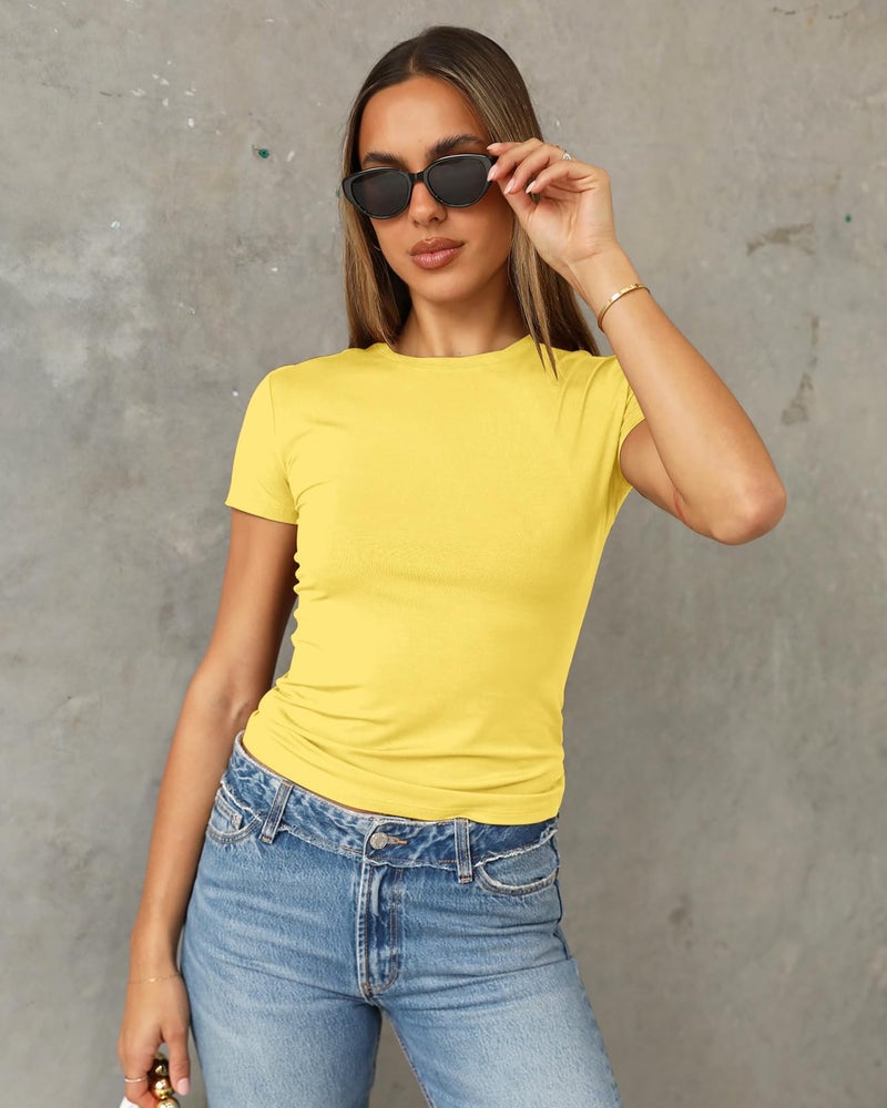 Abardsion Women's Casual Basic Going Out Crop Tops Slim Fit Short Sleeve Crew Neck Tight T Shirts 2026 (Yellow, S) - Image 2