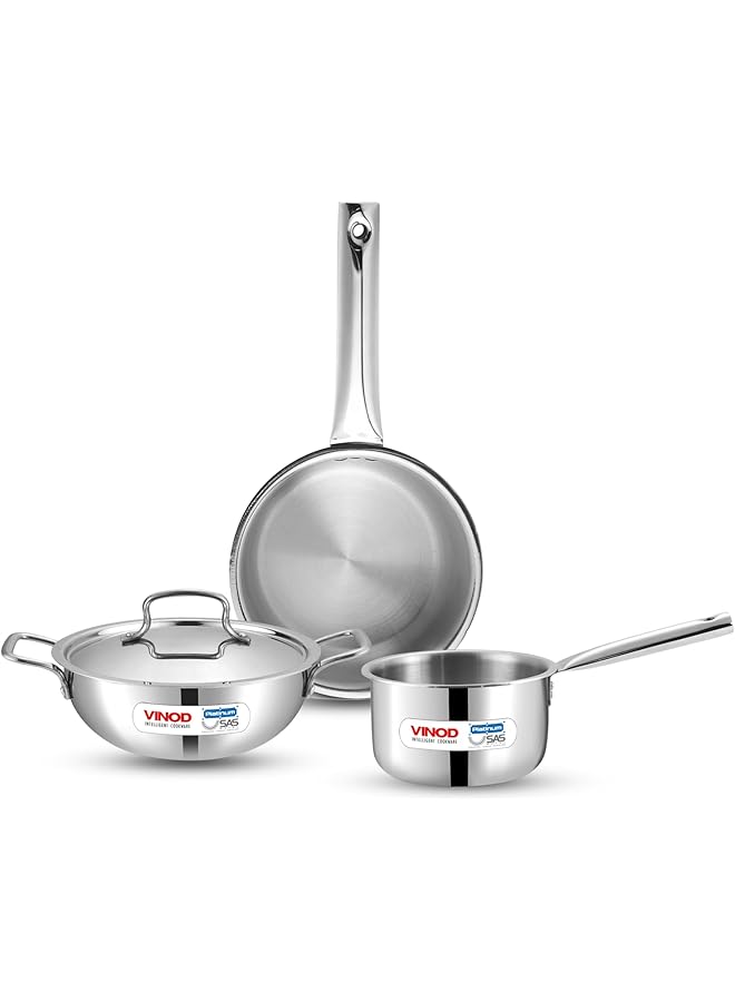 VINOD Platinum Triply Stainless Steel Cookware Set   4 Pc, Kadai (24Cm, 3.3L), Frypan (24Cm, 2.2L) With Common Lid, Saucepan (16 Cm, 1.6L) | Induction, Oven Friendly - Image 1