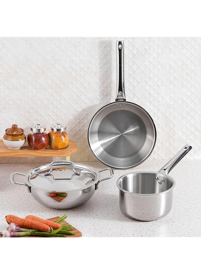 VINOD Platinum Triply Stainless Steel Cookware Set   4 Pc, Kadai (24Cm, 3.3L), Frypan (24Cm, 2.2L) With Common Lid, Saucepan (16 Cm, 1.6L) | Induction, Oven Friendly - Image 2