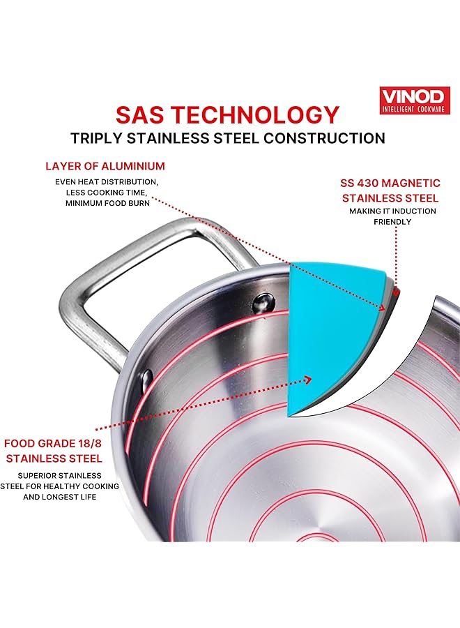 VINOD Platinum Triply Stainless Steel Cookware Set   4 Pc, Kadai (24Cm, 3.3L), Frypan (24Cm, 2.2L) With Common Lid, Saucepan (16 Cm, 1.6L) | Induction, Oven Friendly - Image 3