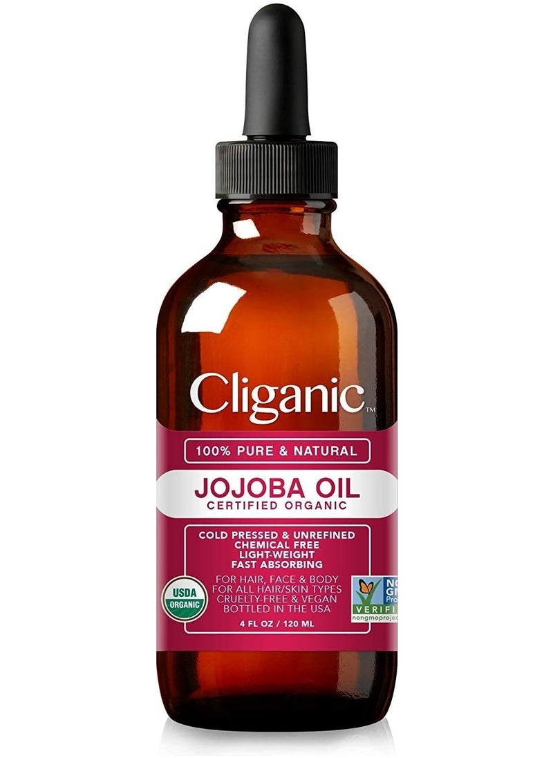 Cliganic 100% Pure USDA Certified Organic Jojoba Oil, Cold Pressed and Hexane-Free, Stimulate Growth for Hair, Face, Nails, and Cuticles, 120 ml.  - Image 1