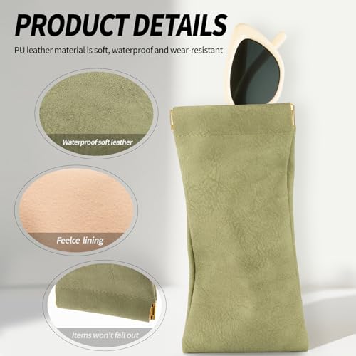 FHJLZFA 3 pack leather eyewear case PU soft sunglasses bag squeeze top portable lightweight eyewear case for men and women (Blue + Pink + Green) - Image 3