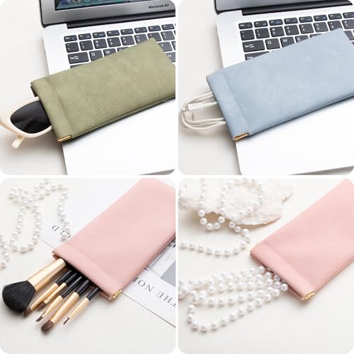 FHJLZFA 3 pack leather eyewear case PU soft sunglasses bag squeeze top portable lightweight eyewear case for men and women (Blue + Pink + Green) - Image 5