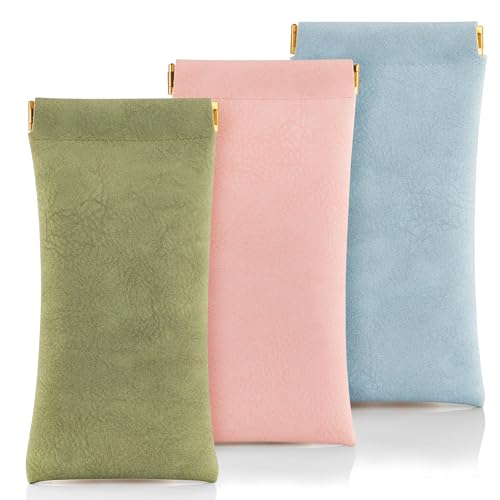 FHJLZFA 3 pack leather eyewear case PU soft sunglasses bag squeeze top portable lightweight eyewear case for men and women (Blue + Pink + Green) - Image 1