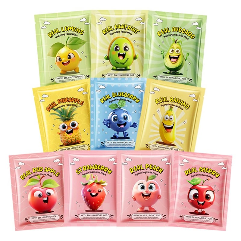 10 Pack Fruit Face MaskFacial Mask for Kids Skin Care MoisturizeBrighten Soothe Spa Party Face Mask Set for Women Men Girls Nourish for All Skin Types Christmas Gifts