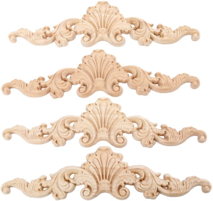 WOOD CARVED ONLAYS APPLIQUES CLEAR CARVING DETAILS OVERLAY CRAFT DECALS FOR CABINET WALL MANTELS DRESSER CLOSET TODDLER DOLL BED STAIRS DOOR FURNITURE DECOR4PACK 20X5CM79 X2