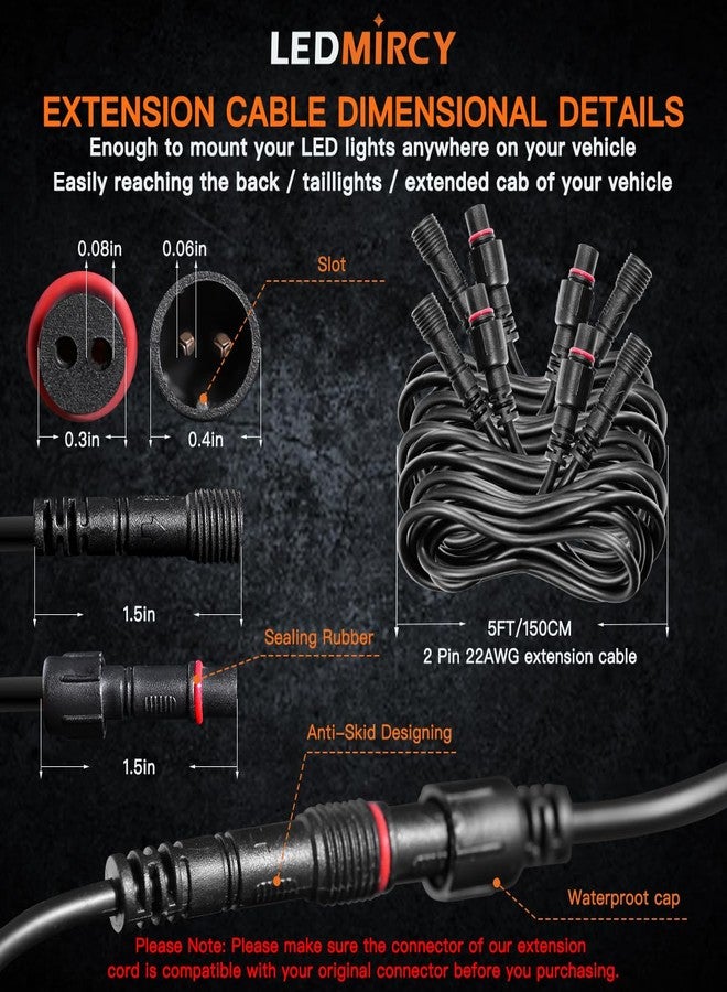 LEDMIRCY LED Rock Lights Extension Cable Wire Cord 2Pin Waterproof 4PCS 5ft 22AWG with Male to Female Connectors 11mm Nut Size for Wheel Lights Spot Flood Light Driving Fog Lights for Truck - Image 2