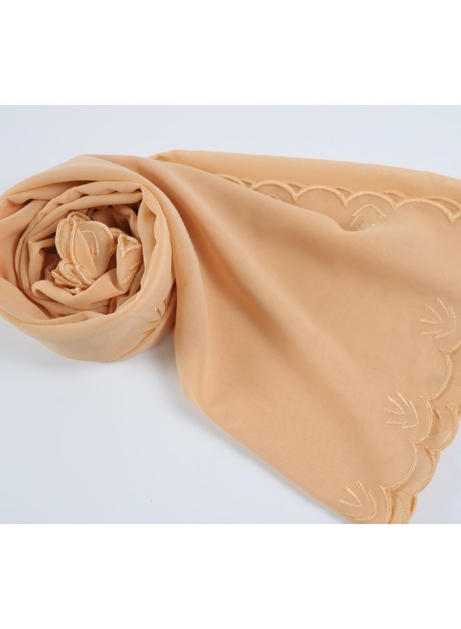 Four Sided Leaf Embroidered Plain Chiffon Square Scarf, Headscarf, Arabic Scarf - Image 1