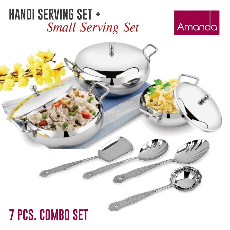 Amanda Amanda Premium Stainless Steel Handi Set with Lids (550ML, 950ML, 1550ML) & 4-Piece Serving Spoon Set | Durable, Rust-Resistant, Riveted Handles | Ideal for Cooking & Serving - Image 2